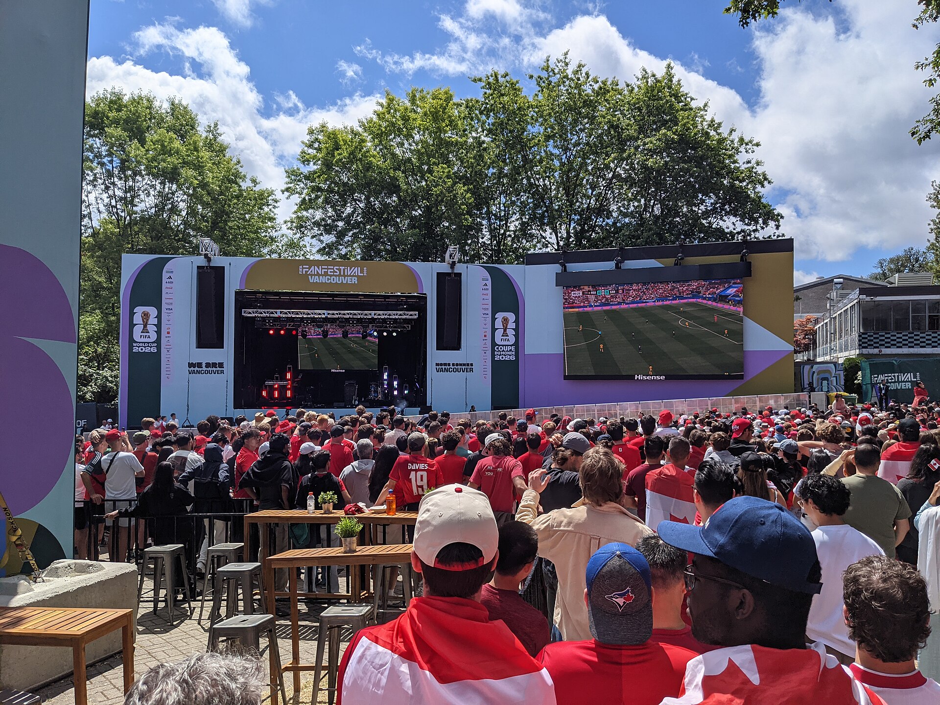 Crowd gathering at the official Vancouver Fan Festival for the 2026 FIFA World Cup at Hastings Park in Vancouver, British Columbia, Canada. This is during Canada's national soccer team Round of 32 match against South Africa, which they would win 1–0 
